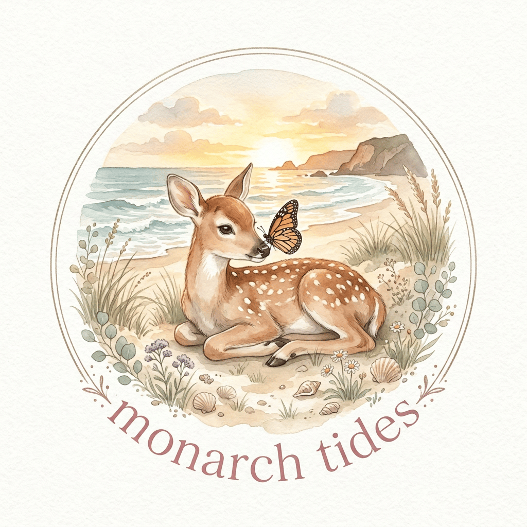 Fawn resting on beach with butterfly; text reads “monarch tides”